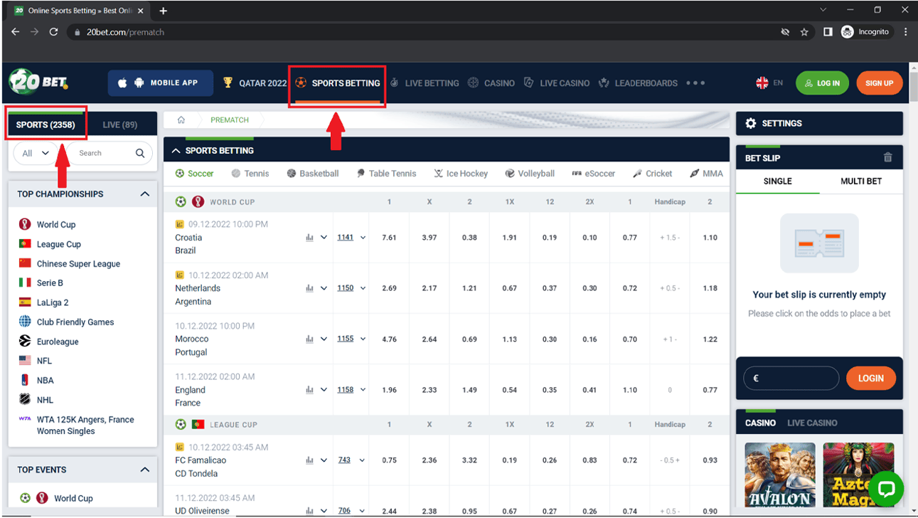 Sports Betting At 20Bet