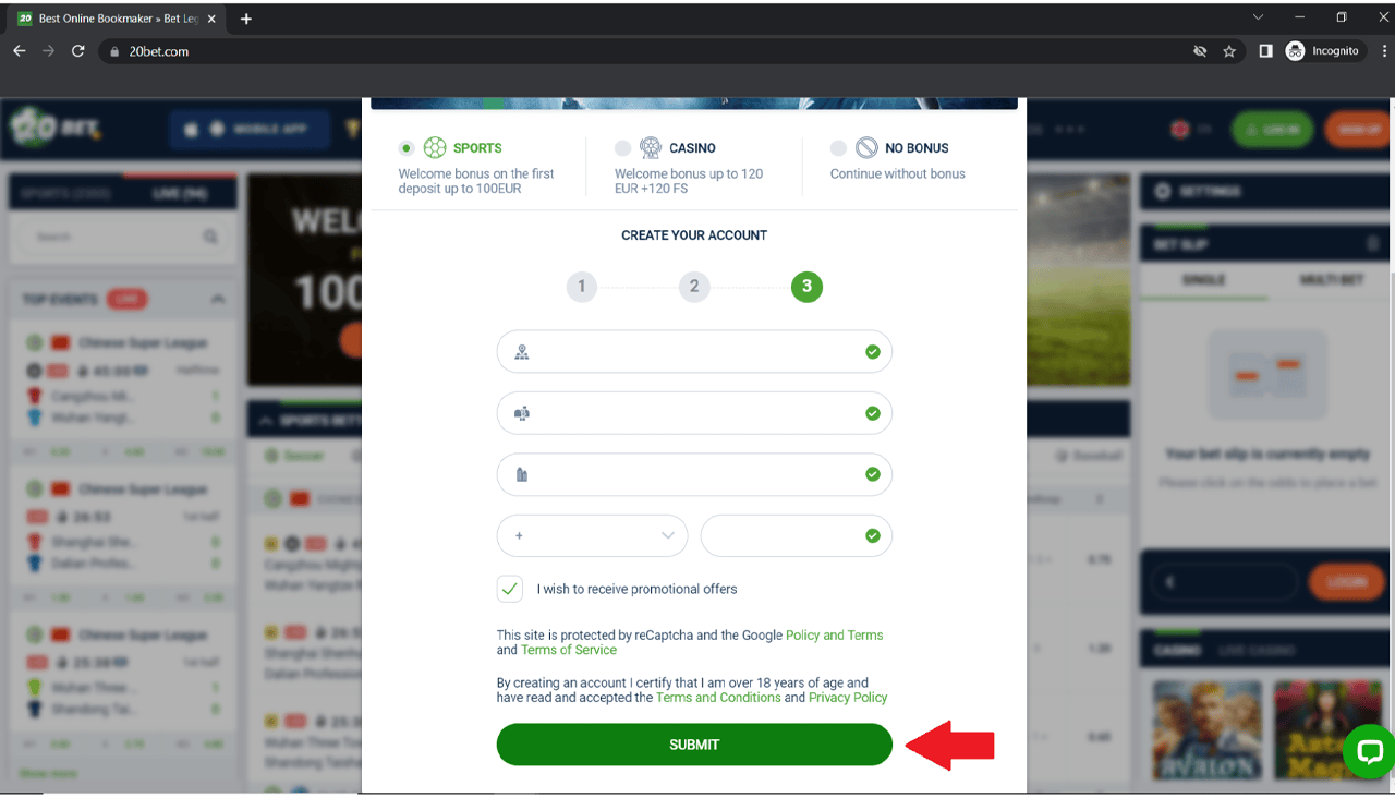 20BET Các bước đăng ký