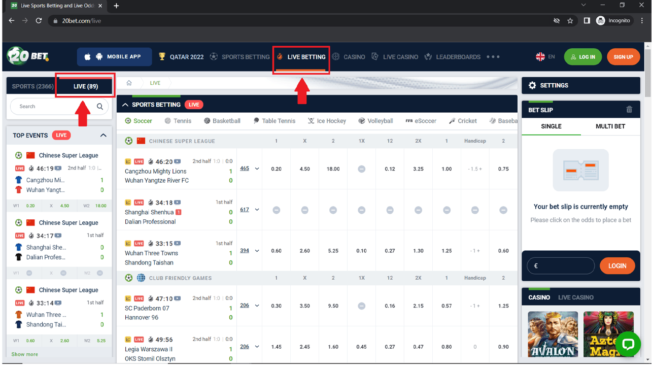 20Bet Cá cược trực tiếp